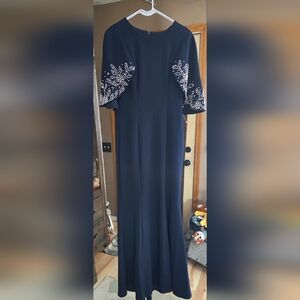 Betsy & Adam Midnight Blue Gown with Beaded Sleeves